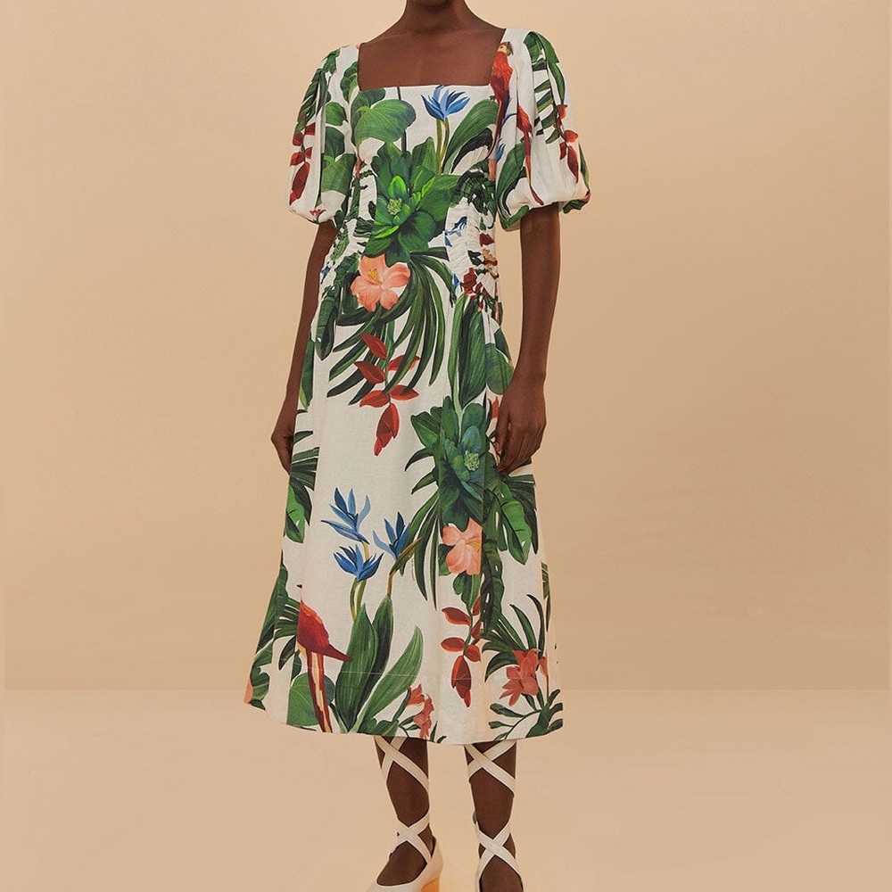 Farm Rio Midnight Macaw Linen Blend Fiesta Dress